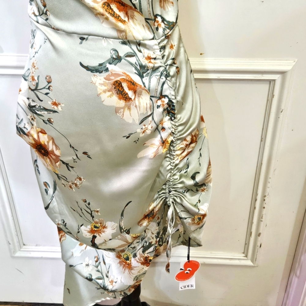 Cider Green Satin Multicolor Floral Asymmetrical Midi Slip Dress,Medium,NWT - Picture 6 of 16